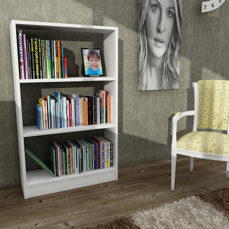 libreria moderna basso con 3 vani in legno bianco opaco