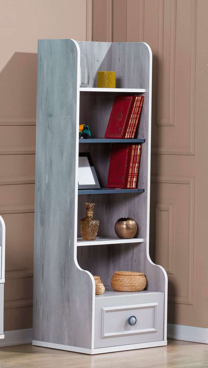 libreria scaffale per cameretta con 4 ripiani e cassetto in legno blu e grigio