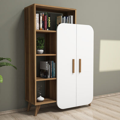 Libreria moderna con 4 vani e 2 ante in legno noce e bianco cm 90x32x132h