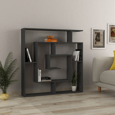 Libreria in legno color antracite opaco da terra dal design a chiocciola, con 9 ripiani di diversa dimensione. Libreria bifacciale per casa e ufficio, dimensioni cm 125x22x129h