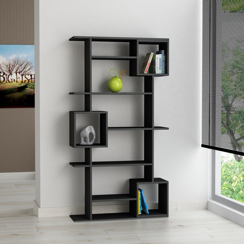 libreria moderna design con 5 ripiani e 3 vani in legno colore antracite