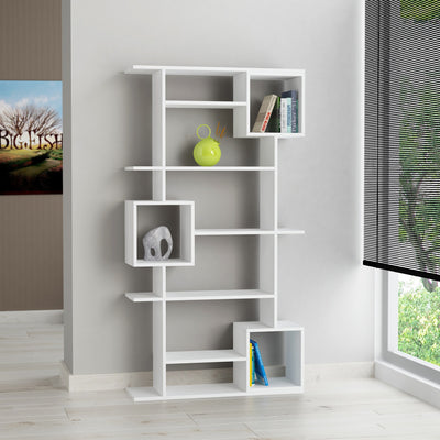 libreria da salotto design in legno bianco opaco 5 ripiani e 3 vani