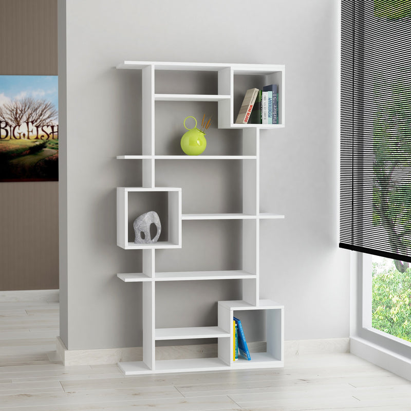libreria da salotto design in legno bianco opaco 5 ripiani e 3 vani