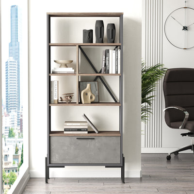 Libreria per casa e ufficio in legno con gambe in metallo, grigio opaco effetto pietra, antracite opaco e noce opaco. 6 vani a giorno con anta a ribalta inferiore. Dimensioni cm 76x45x161h