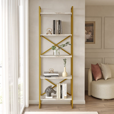 Libreria design struttura in metallo dorato ripiani marmo bianco cm 58x30x175h