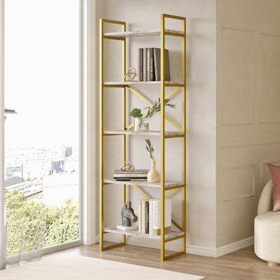 libreria moderna in metallo colore oro 5 ripiani marmo bianco