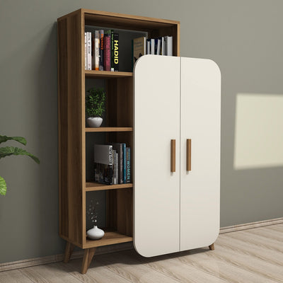 Libreria moderna in legno noce e crema 2 ante e 4 vani cm 90x32x132h