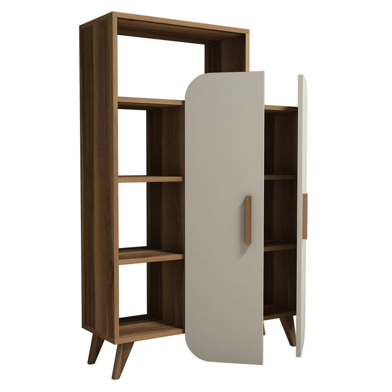 Libreria moderna in legno noce e crema 2 ante e 4 vani cm 90x32x132h