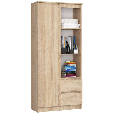 libreria mobile salotto moderno in legno colore larice con anta vani a giorno e 2 cassetti