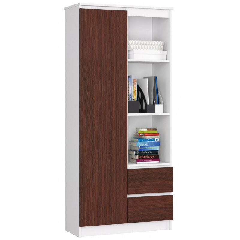 libreria mobile studio con anta 2 cassetti e vani a giorno colore bianco e wenge