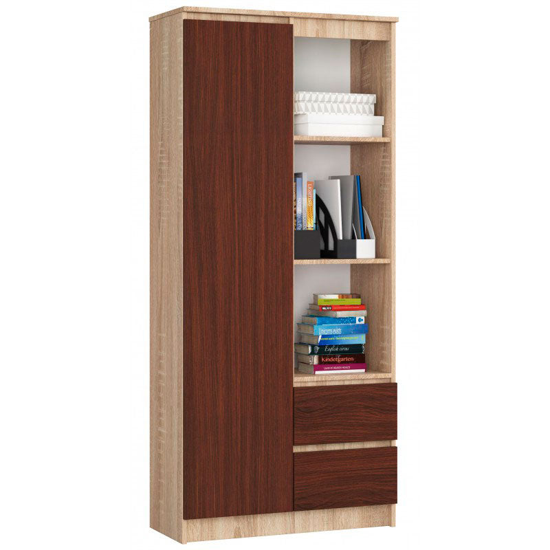 mobile salotto libreria con anta 2 cassetti e vani a giorno colore larice e wenge