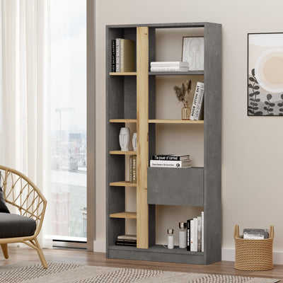 libreria scaffale da salotto desing moderno 10 vani a giorno e anta a ribalta colore antracite e quercia