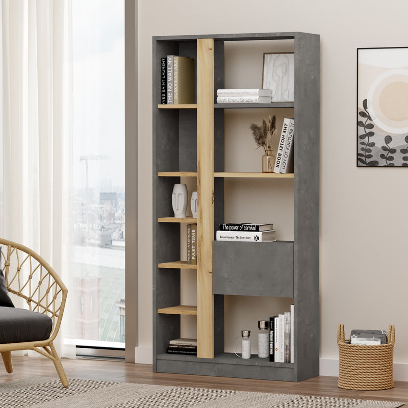 libreria scaffale da salotto desing moderno 10 vani a giorno e anta a ribalta colore antracite e quercia