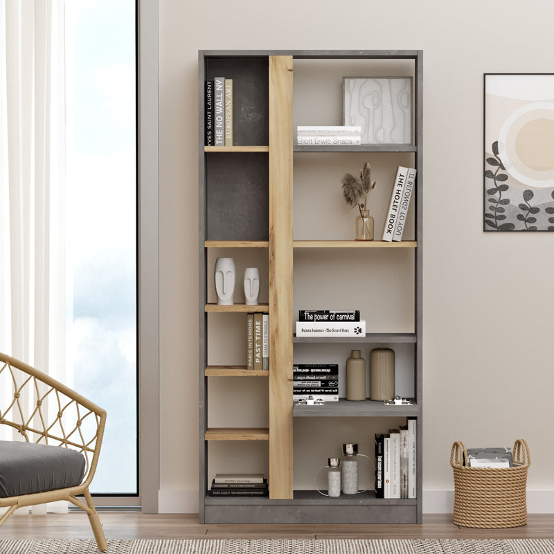 Libreria scaffale moderno con vani a giorno e anta cemento e quercia cm 75x25x160h