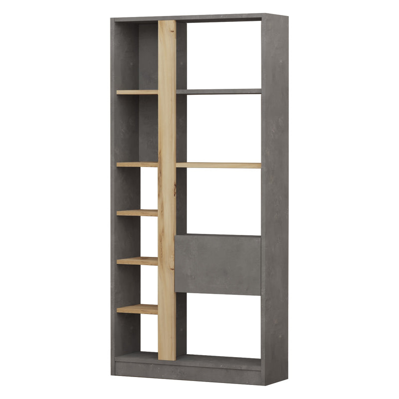Libreria scaffale moderno con vani a giorno e anta cemento e quercia cm 75x25x160h
