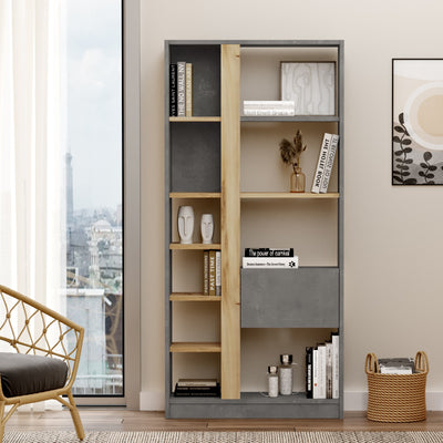 Libreria scaffale moderno con vani a giorno e anta cemento e quercia cm 75x25x160h