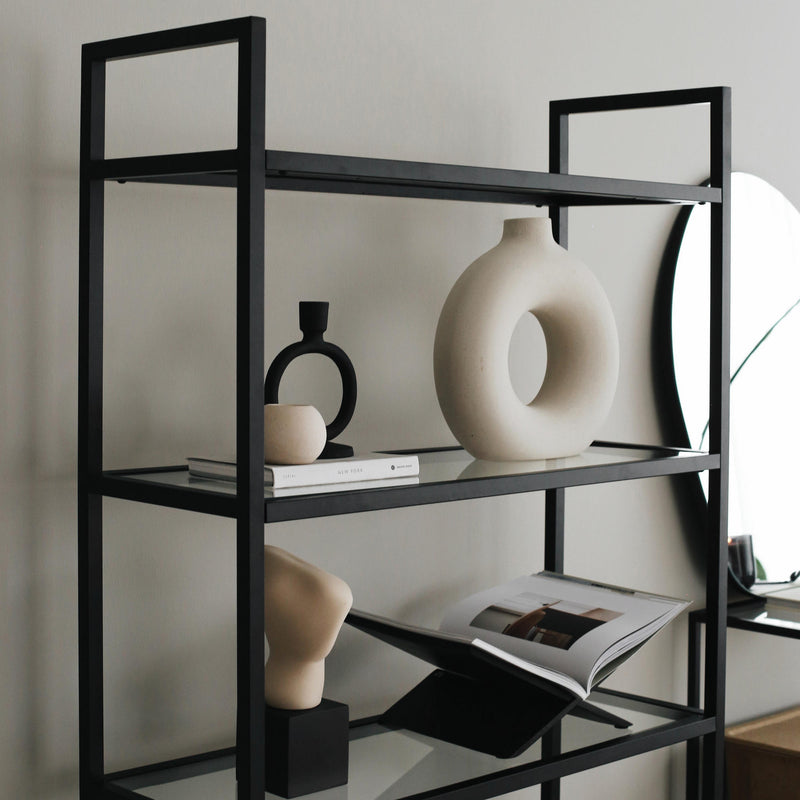 Libreria moderna in metallo nero e vetro trasparente 5 ripiani cm 80x30x165h