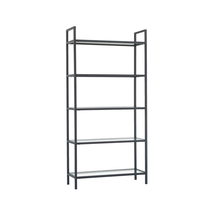 Libreria moderna in metallo nero e vetro trasparente 5 ripiani cm 80x30x165h