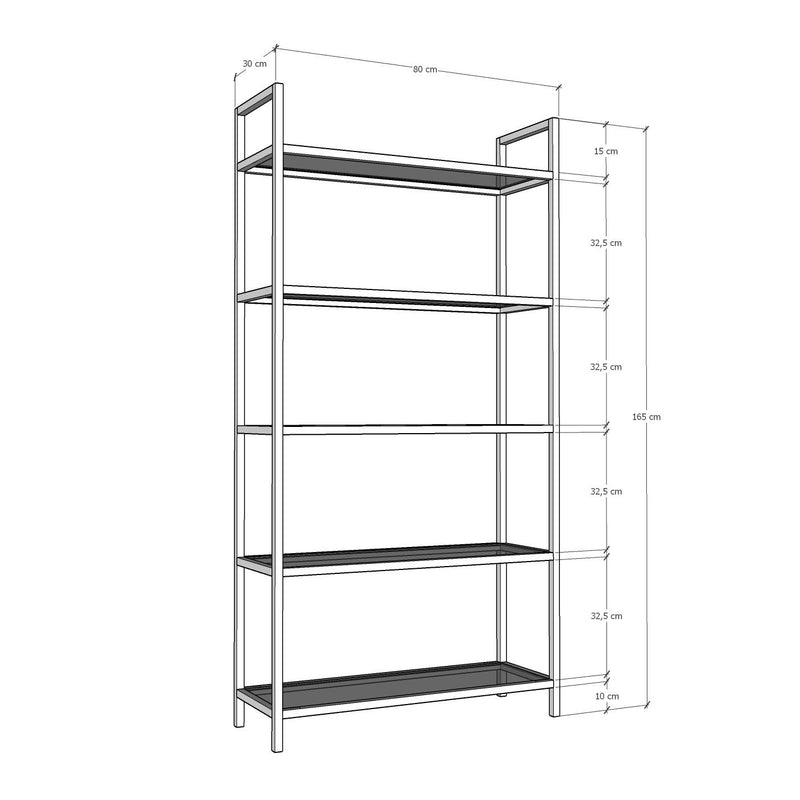 Libreria moderna in metallo nero e vetro trasparente 5 ripiani cm 80x30x165h