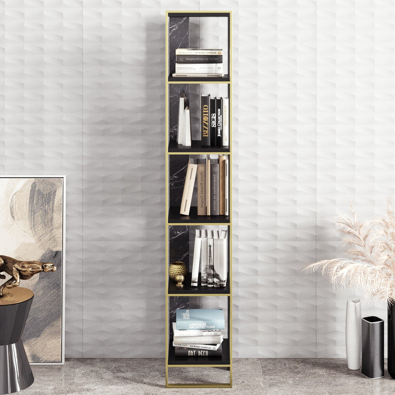 Libreria design a colonna 5 ripiani in metallo dorato e marmo nero cm 32x31x178h