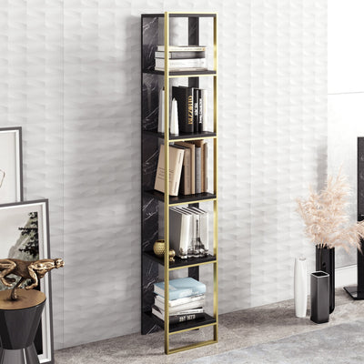 libreria a colonna elegante in metallo dorato 5 ripiani colore nero e pannelli marmo nero
