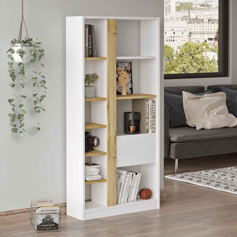libreria moderna da salotto in legno bianco e quercia 10 vani a giorno e anta a ribalta