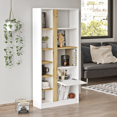 Libreria da salotto con 10 vani e anta a ribalta bianco e quercia cm 75x25x160h