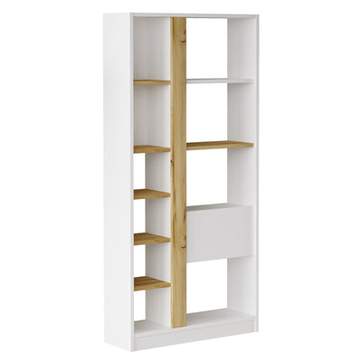 Libreria da salotto con 10 vani e anta a ribalta bianco e quercia cm 75x25x160h
