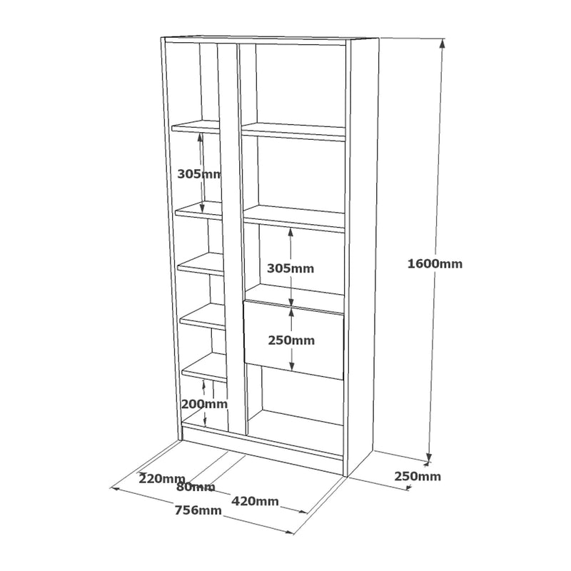 Libreria da salotto con 10 vani e anta a ribalta bianco e quercia cm 75x25x160h