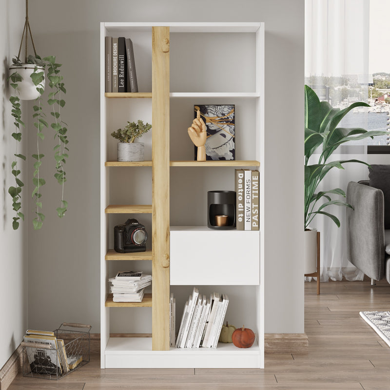 Libreria da salotto con 10 vani e anta a ribalta bianco e quercia cm 75x25x160h