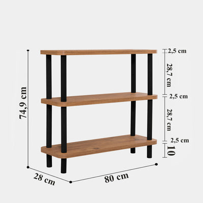 Libreria piccola scaffale 3 ripiani in legno naturale e nero cm 80x28x75h