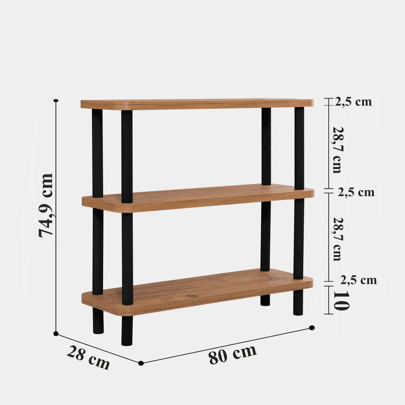 Libreria piccola scaffale 3 ripiani in legno naturale e nero cm 80x28x75h
