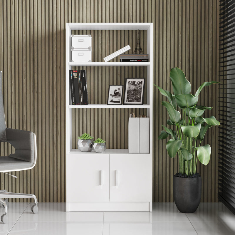 Libreria moderna per ufficio studio 3 ripiani e 2 ante colore bianco cm 64x35x140h