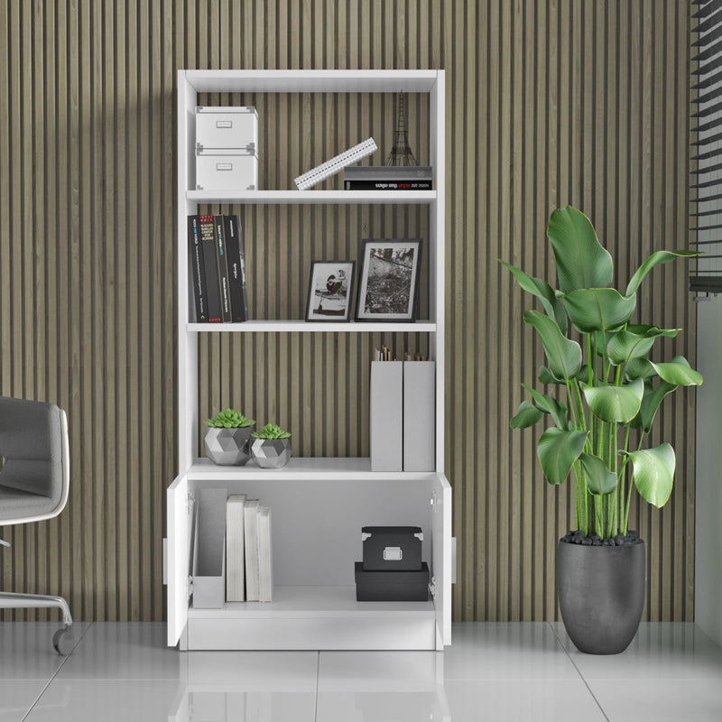 Libreria moderna per ufficio studio 3 ripiani e 2 ante colore bianco cm 64x35x140h