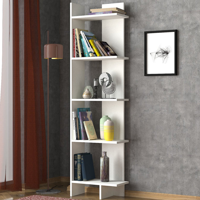 Libreria alta in legno color bianco opaco, 5 vani a giorno. Dimensioni cm 48x22x170h
