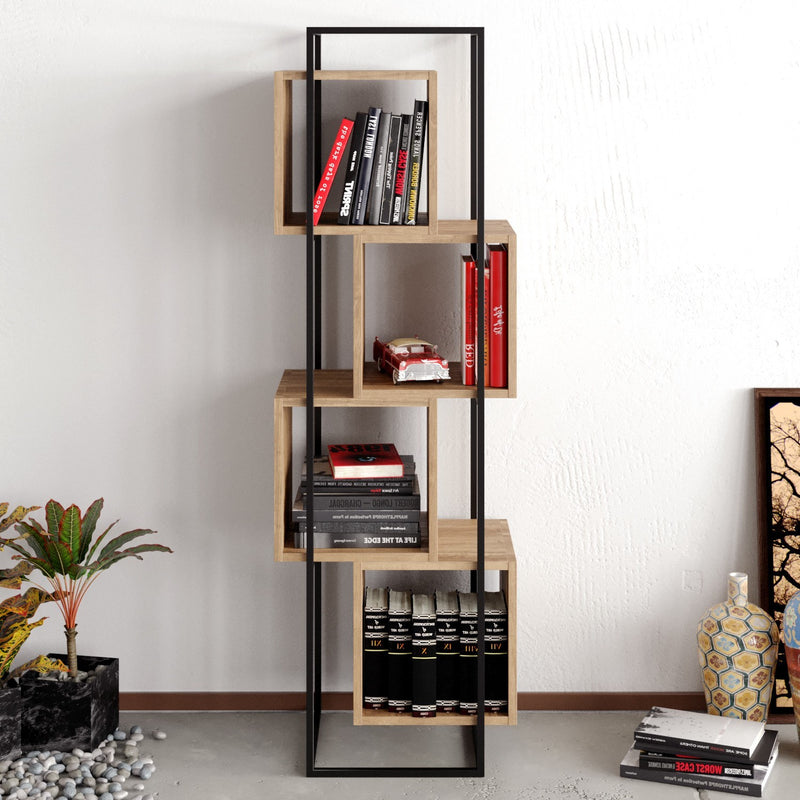 libreria piccola moderna 4 cubi in legno colore noce e struttura in metallo