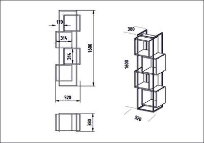 Libreria design verticale 4 vani colore noce struttura in metallo nero cm 52x38x160h