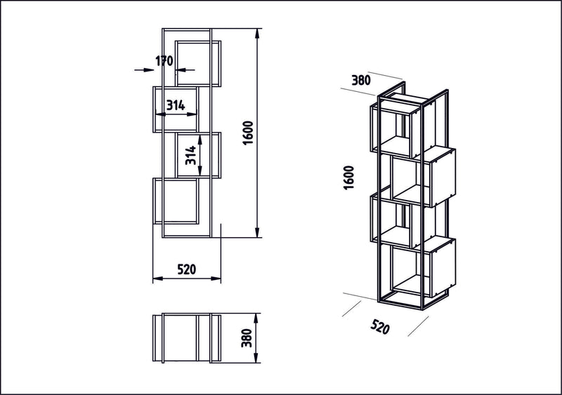 Libreria design verticale 4 vani colore noce struttura in metallo nero cm 52x38x160h