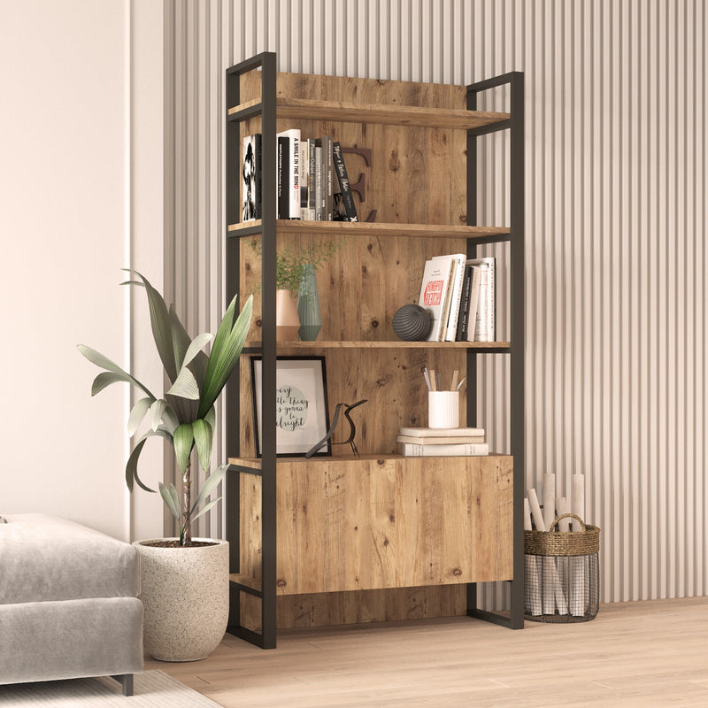 Libreria scaffale stile industriale 4 ripiani e anta colore naturale e metallo cm 90x34x180h