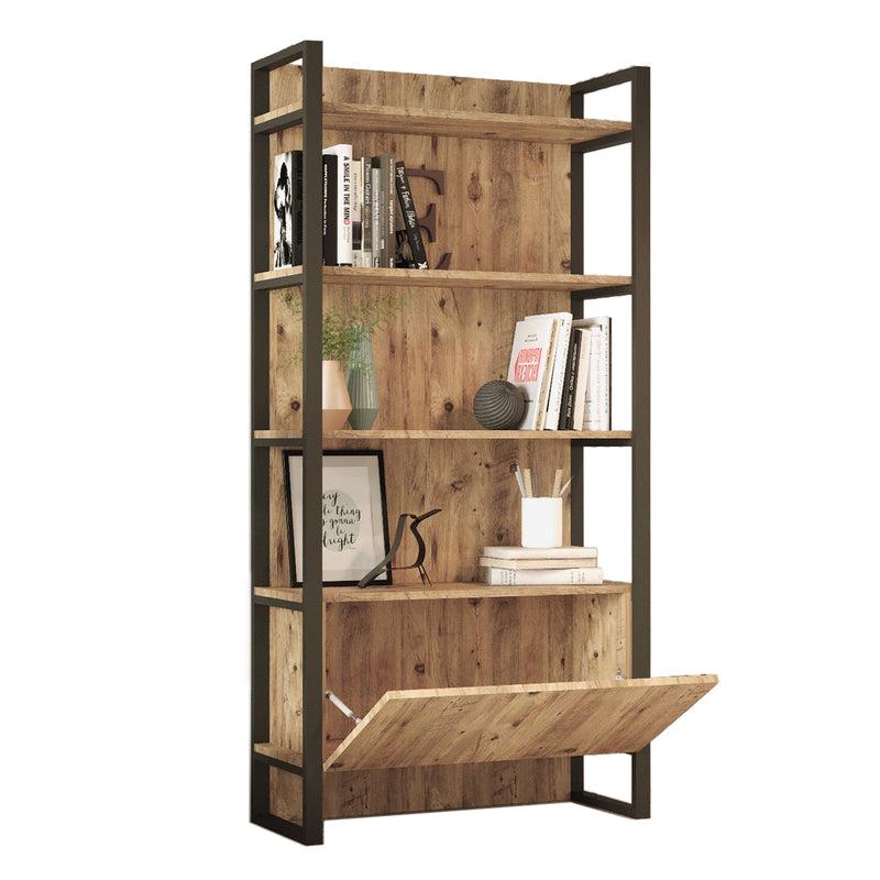 Libreria scaffale stile industriale 4 ripiani e anta colore naturale e metallo cm 90x34x180h