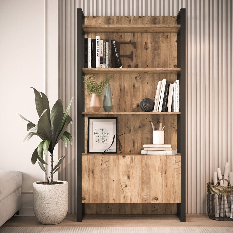 libreria salotto stile industriale in legno colore naturale e metallo nero 4 ripiani e anta a ribalta