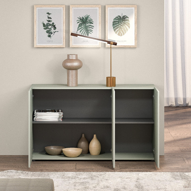 Madia moderna 3 ante in legno laccato opaco verde salvia cm 135x38x79h