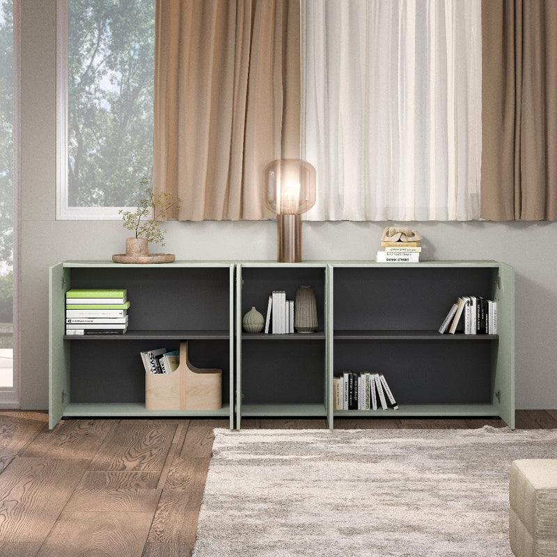 Madia 5 ante moderna semplice colore verde salvia laccato opaco cm 225x38x79h
