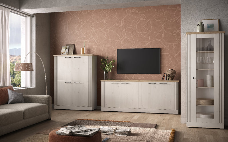 Talex - Madia alta stile country 4 ante colore meringa con top a contrasto cm 118x44x160h