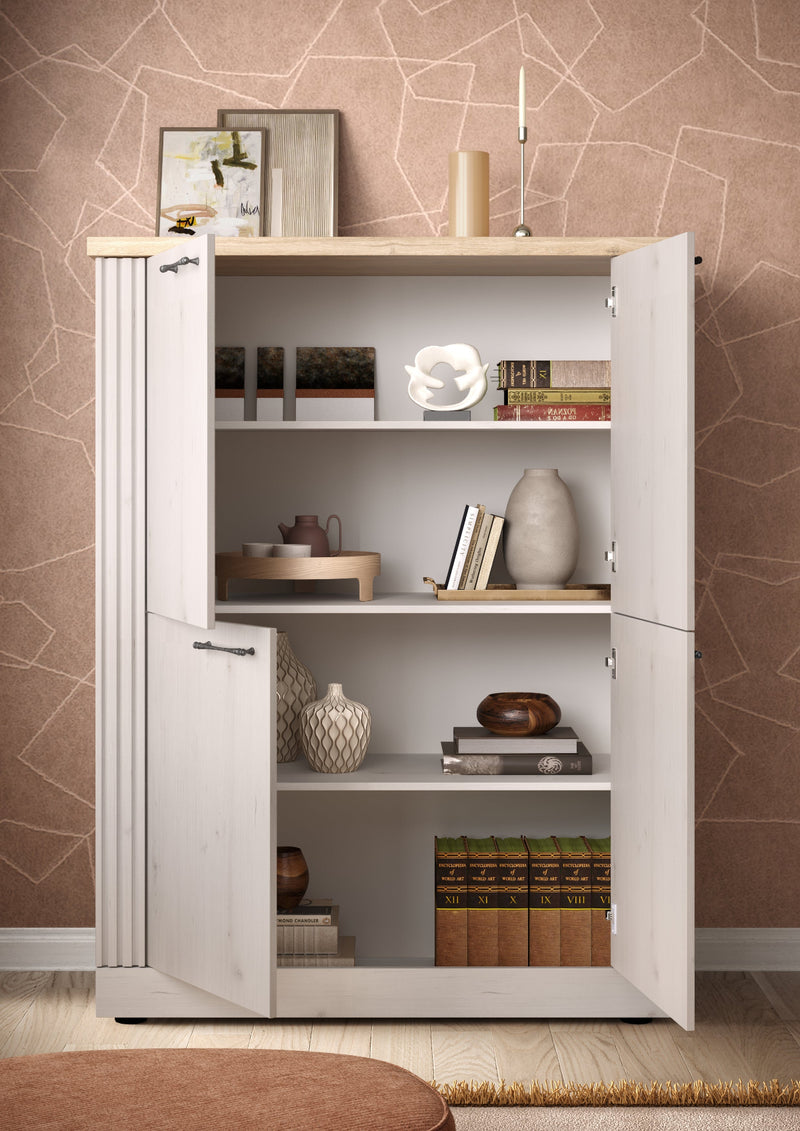 Talex - Madia alta stile country 4 ante colore meringa con top a contrasto cm 118x44x160h