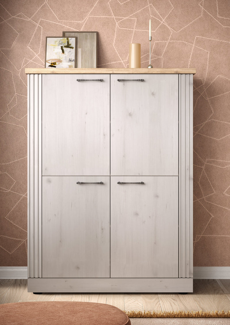 Talex - Madia alta stile country 4 ante colore meringa con top a contrasto cm 118x44x160h
