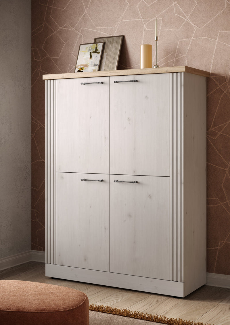 Talex - Madia alta stile country 4 ante colore meringa con top a contrasto cm 118x44x160h