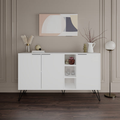 Mobile credenza moderno in legno color bianco opaco a 3 ante con 4 scomparti interni in totale e 3 vani a giorno. Dimensioni cm 142x36x83h