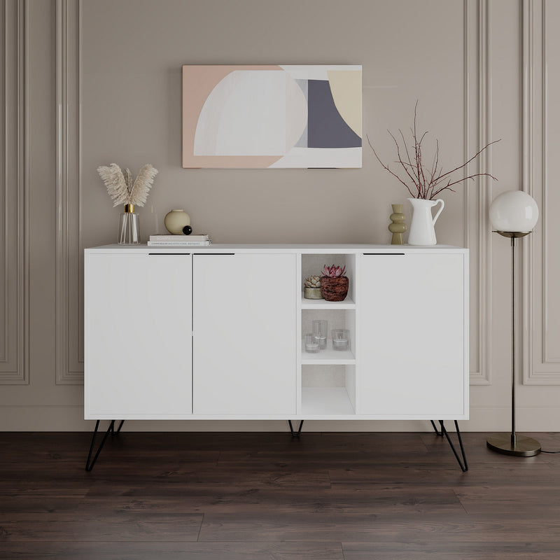 Mobile credenza moderno in legno color bianco opaco a 3 ante con 4 scomparti interni in totale e 3 vani a giorno. Dimensioni cm 142x36x83h