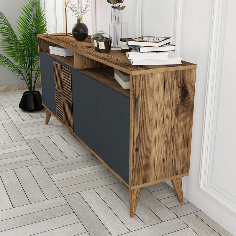Mobile soggiorno 4 ante in legno noce e antracite con decorazione cm 160x35x78h